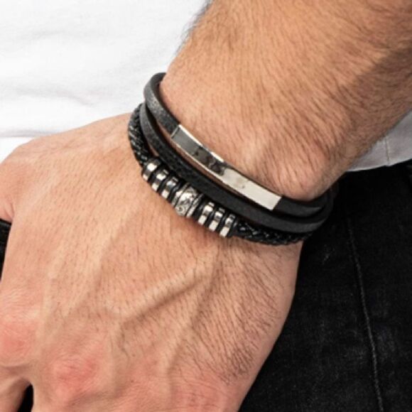 🎉HP🎉Men’s Black Leather Triple Strand Steel Bracelet - Picture 6 of 6